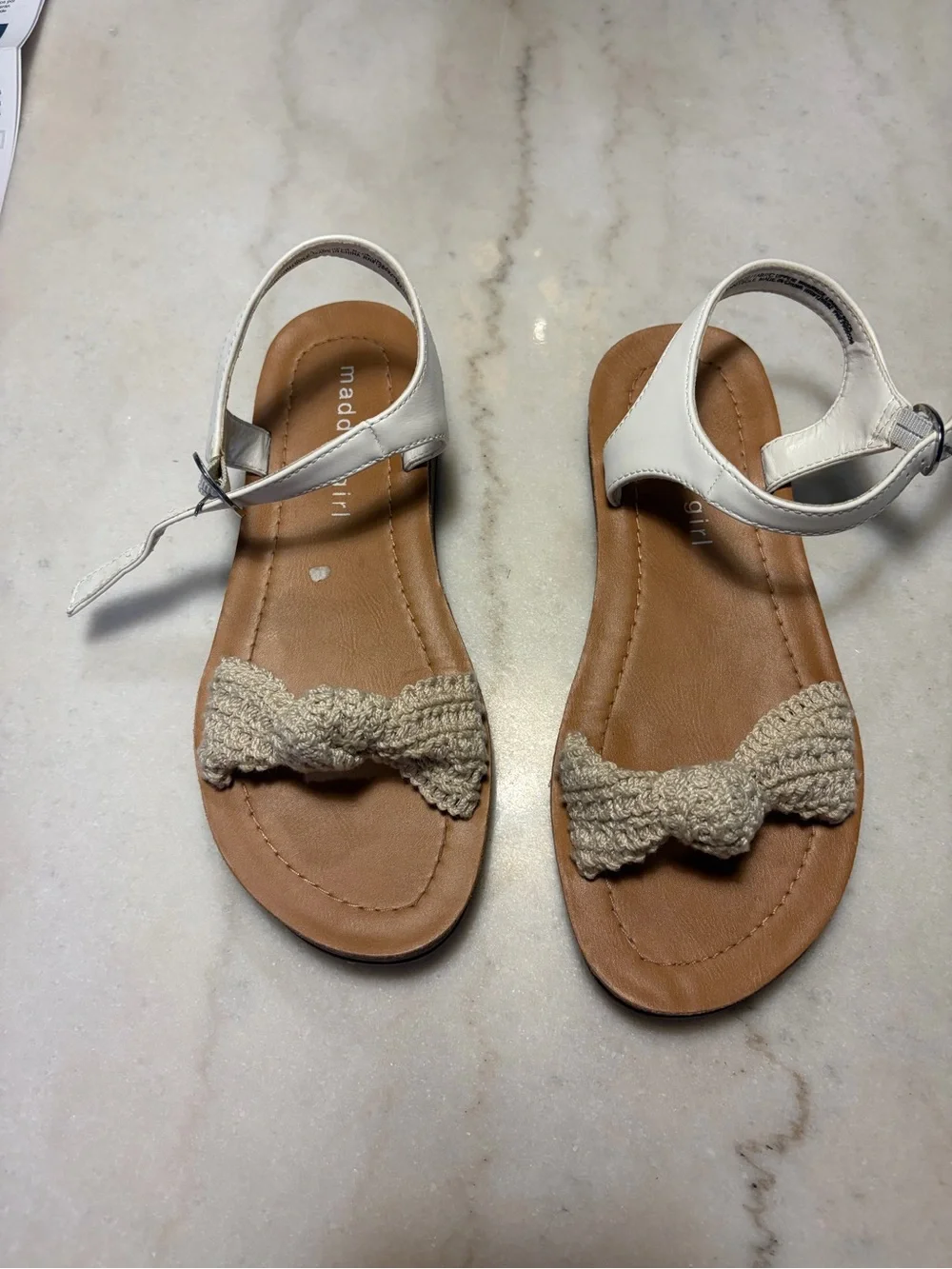 Madden Girl White Ankle-Strap Sandals with Cream Crochet Bow